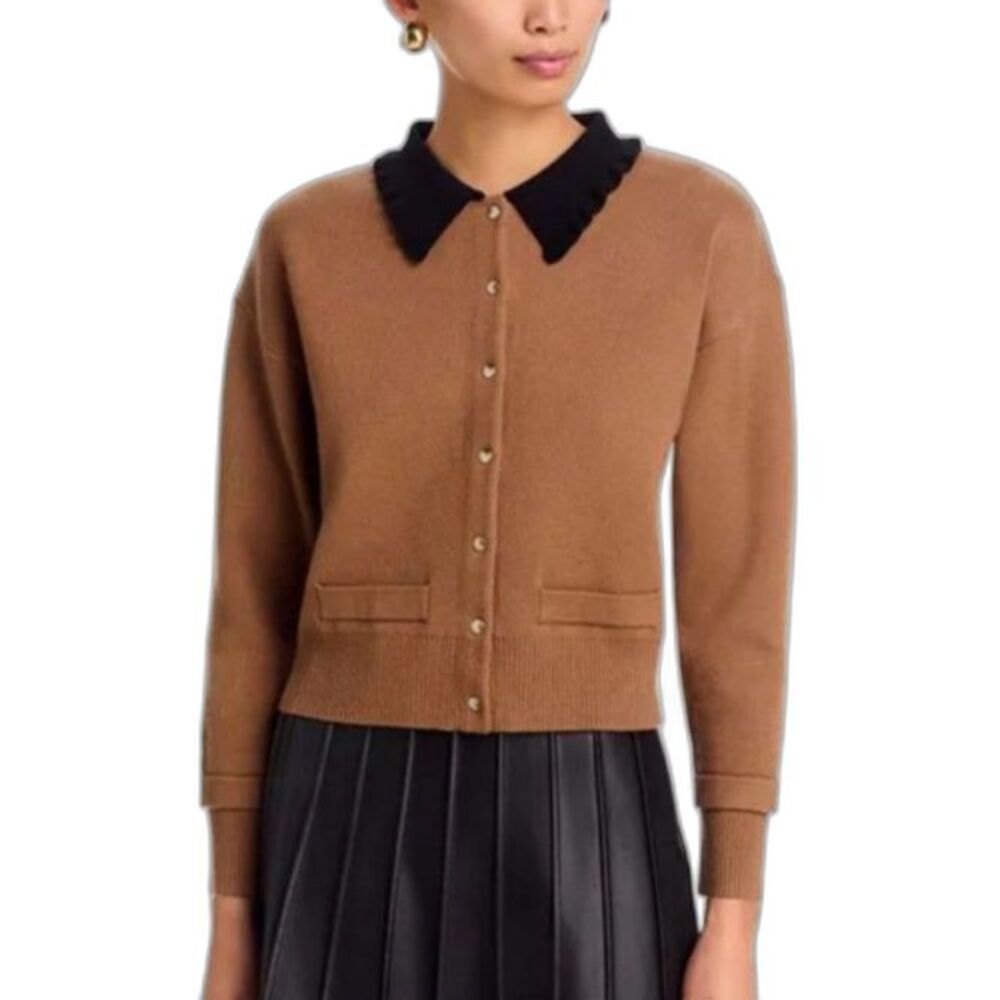 Sioni Womens Caramel Brown Black Chenille Collar Pearl Snap Front Cardigan Sz L